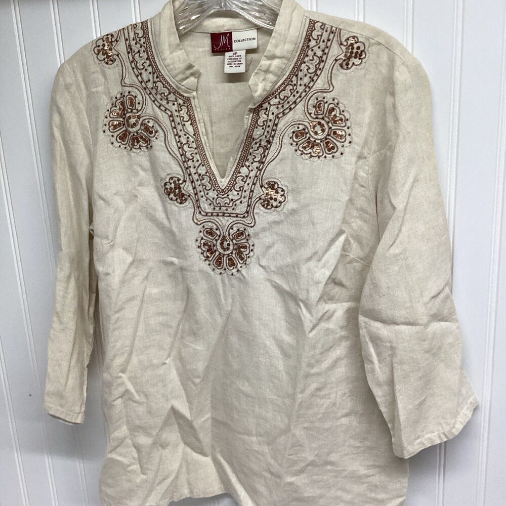 JM Collection Tan Natural Linen Embellished Tunic Shirt Top Womens 4 Petite *B
